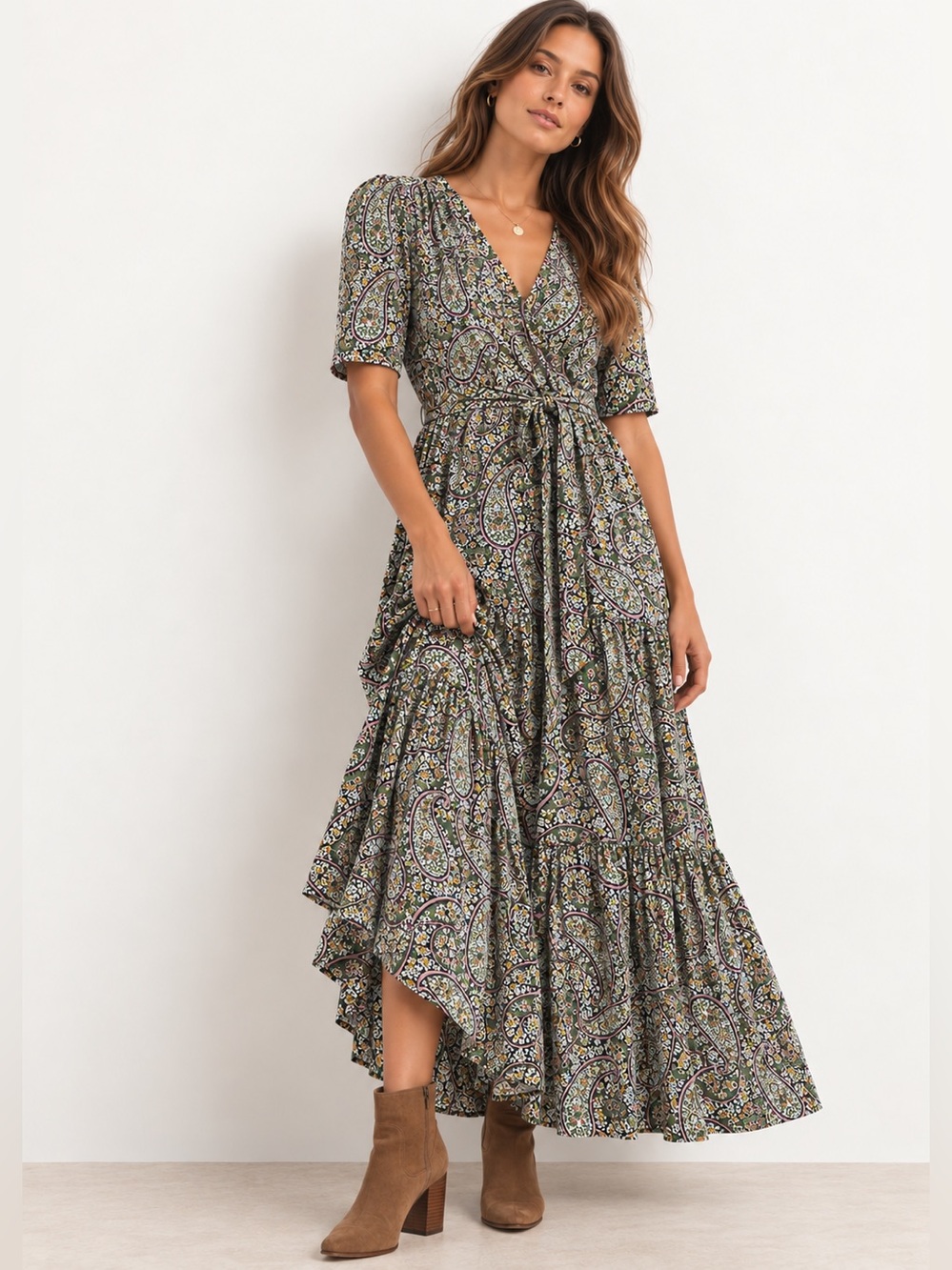 Boden Tiered Wrap Jersey Maxi Dress 2R Olive Paisley Fall Floral